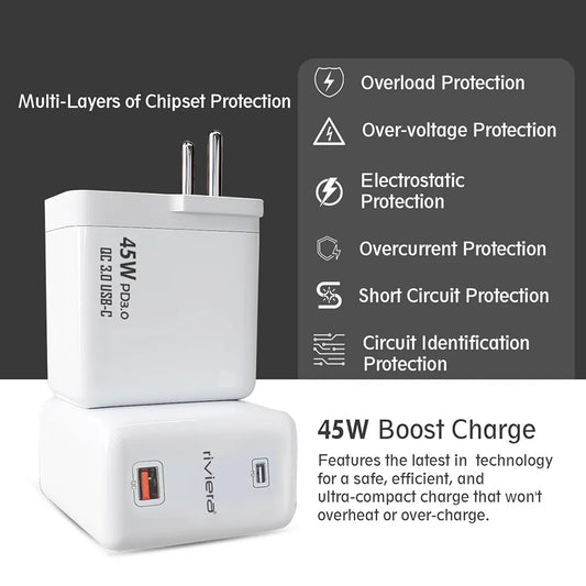 Riviera 45 Watt "USB + PD" Two Port Super Fast Charger PD&QC