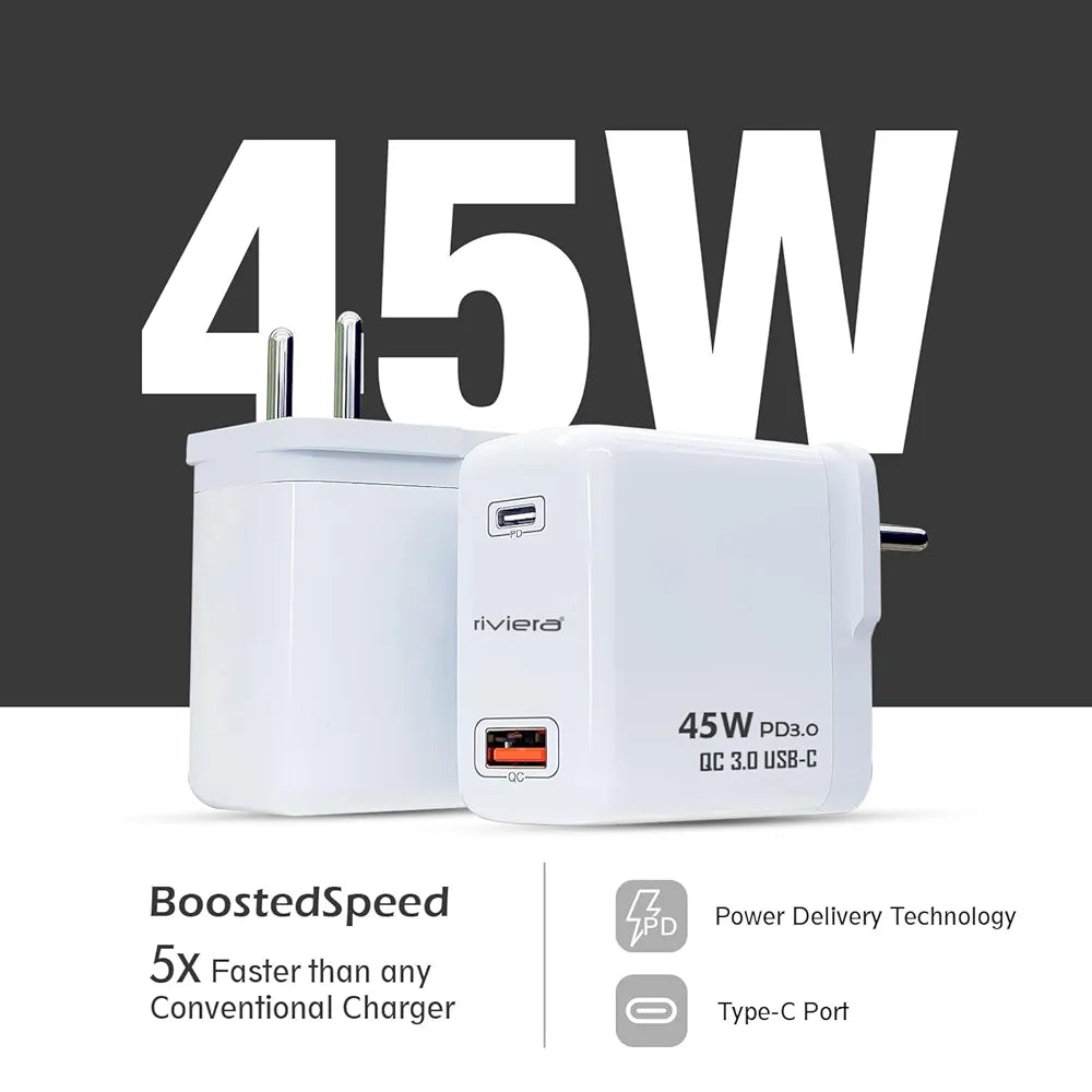 Riviera 45 Watt "USB + PD" Two Port Super Fast Charger PD&QC