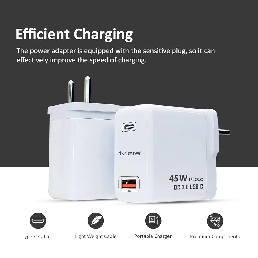 Riviera 45 Watt "USB + PD" Two Port Super Fast Charger PD&QC
