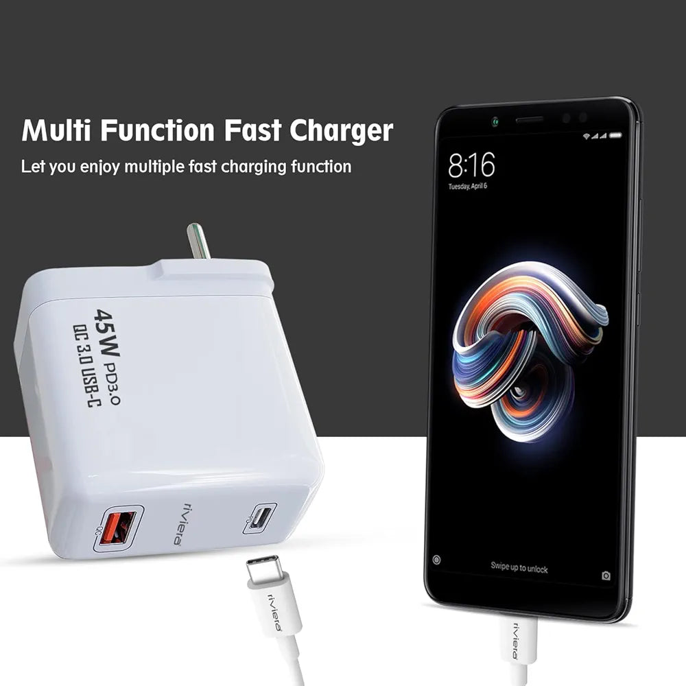 Riviera 45 Watt "USB + PD" Two Port Super Fast Charger PD&QC