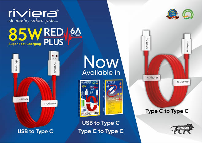 Riviera 85W Super Fast 6Amp "PD" Charging Cable Red Plus Type-C to Type-C